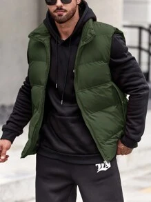 Manfinity 寬鬆版型男士拉鍊前方毛絨背心外套 - 軍綠色 - 查看 4