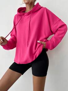 SHEIN Cottnline Drop Shoulder Drawstring Hoodie For Autumn & Winter - Pink - View 5