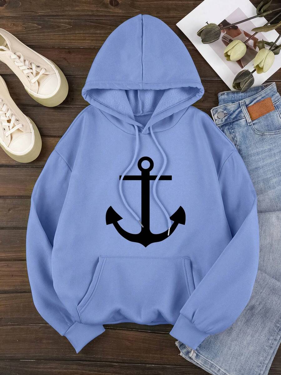 SHEIN EZwear In Neo Túi kangaroo Dây rút Lót nhiệt Hoodie - Màu xanh lam - Xem 1