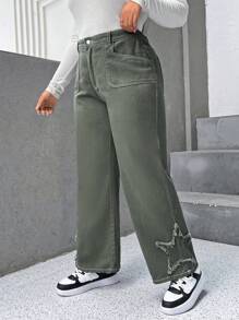 SHEIN EZwear 大碼星星補丁貼頂針闊腿牛仔褲 - 軍綠色 - 查看 5