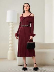 Modelyn Cold Shoulder Twist Front Fuzzy Cuff Sweater Dress Without Belt - Burgundy - View 5