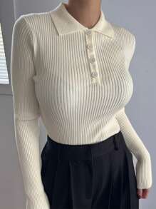 DAZY Suéter De Cuello Polo Para Mujeres Con Ribetes De Bloque De Color - Blanco - Ver 1