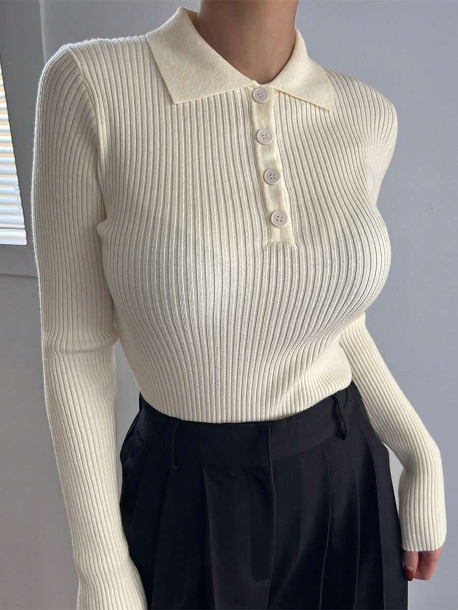 DAZY Suéter De Cuello Polo Para Mujeres Con Ribetes De Bloque De Color - Blanco - Ver 1