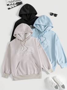 SHEIN EZwear 加大码 3 件套字母图案袋鼠口袋抽绳卫衣 - 彩色 - 查看 1