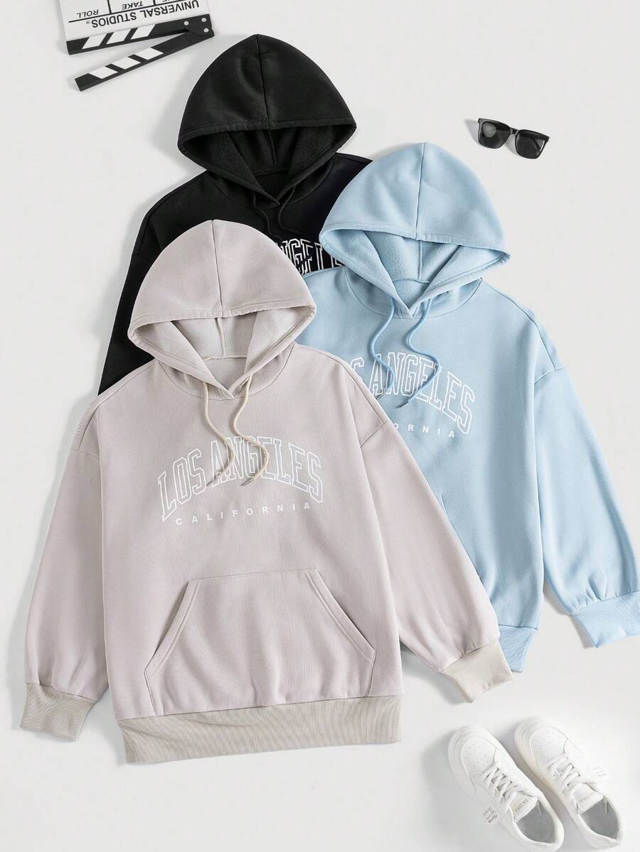 SHEIN EZwear 加大码 3 件套字母图案袋鼠口袋抽绳卫衣 - 彩色 - 查看 1