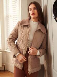 SHEIN Frenchy Của phụ nữ Vá lại Vòng cổ & Thiết kế túi Áo khoác bông Áo khoác - Màu Khaki - Xem 3