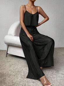 SHEIN Essnce Top de tirantes unicolor plisado & Pantalones de pierna ancha