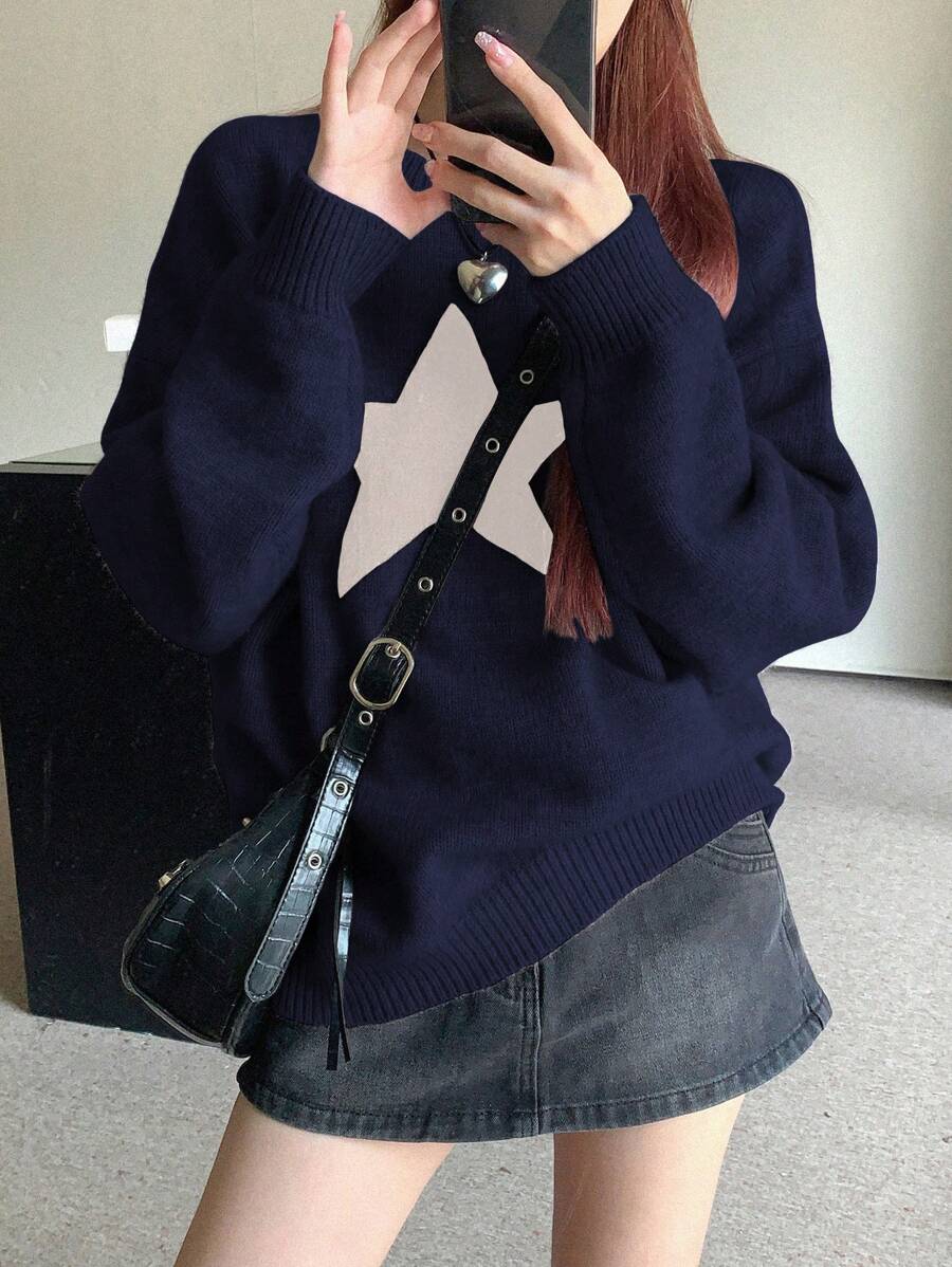 DAZY Hình sao Thả vai Áo len Oversized - Màu xanh hải quân - Xem 1