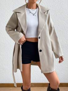 SHEIN Unity 西裝領腰帶圍裹下擺花呢外套 - 杏色 - 查看 4