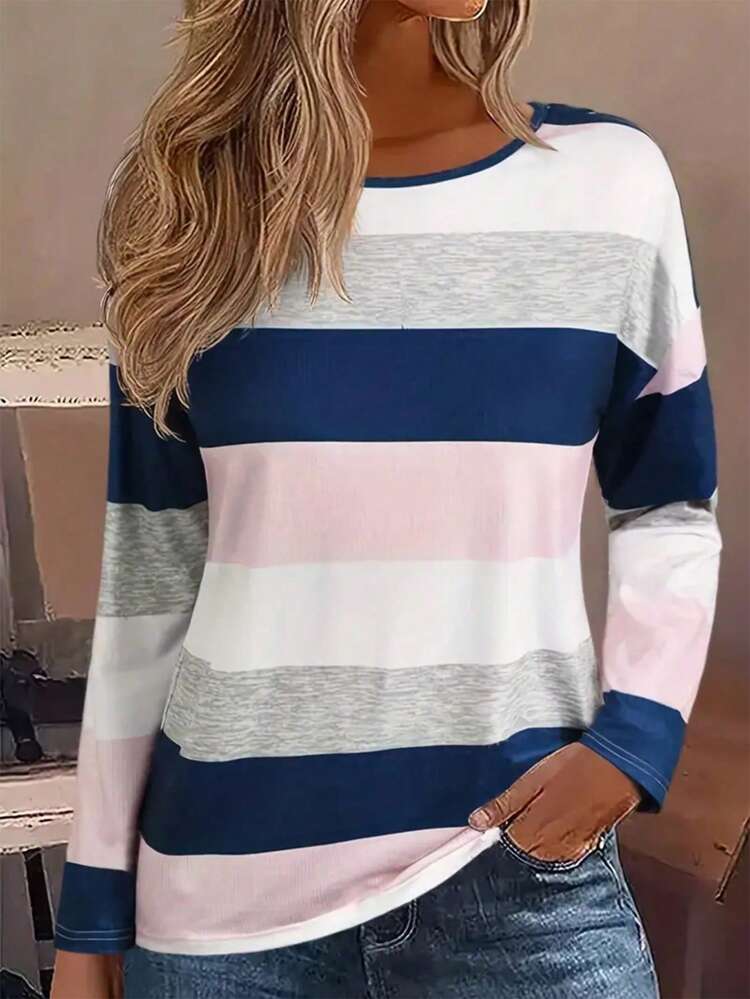 Color Block Drop Shoulder Tee Fall Cloth For Women