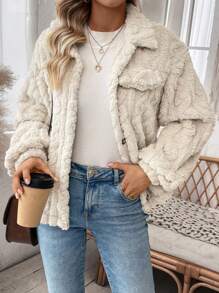 SHEIN Essnce 雙面毛絨外套 - 卡其色 - 查看 1