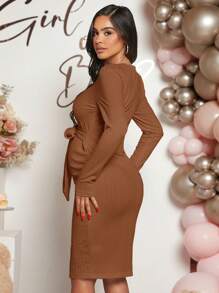 孕婦腰帶緊身洋裝附腰帶 - 鏽棕色 - 查看 2