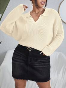 Calvaya 大尺碼純色下垂肩毛衣 - 米色 - 查看 6