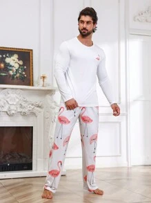 Men Flamingo Print PJ Set / Pajama Set - White - View 5