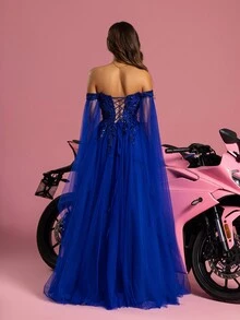 VIPGIRL Off Shoulder Split Thigh Mesh Formal Dress Elegant Long Sleeve Prom Evening Wedding Guest Gown, For Graduation, Dinner - Blue - View 2