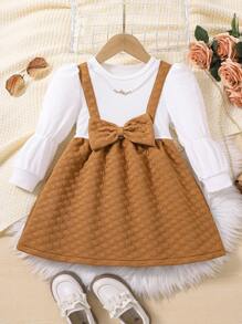 SHEIN Nhỏ bé Cô gái Đầm Với Puff Tay áo , Lá sen Hem Và Kim cương Đệm Đối với Thanh lịch Và Mềm mại In Mùa Thu /đông - trắng - Xem 1