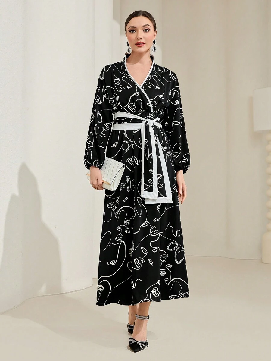 Mulvari فستان بأكمام طويلة على شكل فانوس مزين بنمط الشخصية وحزام