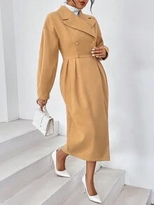 SHEIN Privé Lapel Neck Drop Shoulder Double Breasted Overcoat - Camel - View 3