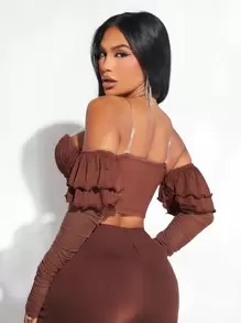 SHEIN SXY 露肩褶皺貼身短上衣 - 卡其色 - 查看 3