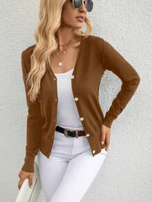 SHEIN Privé 純色開襟毛衣 - 棕色 - 查看 6