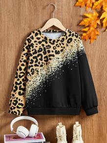 SHEIN Sudadera con cuello redondo con estampado de leopardo para niñas preadolescentes - Negro - Ver 1