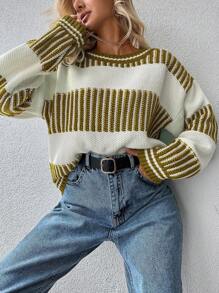 EURMUSE Striped Pattern Drop Shoulder Sweater - Mustard Yellow - View 3