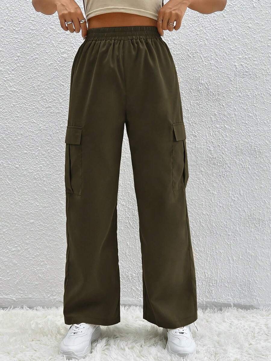 SHEIN PETITE Flap Pocket Cargo Long Pants - Dark Green - View 1