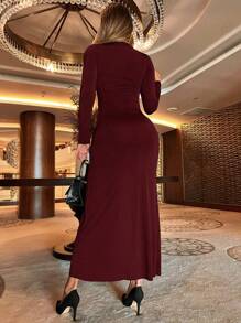 EURMUSE Women's Hollow Out High Split Dress - Burgundy - View 2