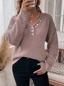 SHEIN Essnce Chi tiết Nút Thả vai Dệt kim Waffle Áo len - Cà phê nâu - Xem 5