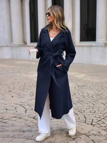 EURMUSE 女式純色翻領落肩毛呢大衣 - 藏蓝色 - 查看 6