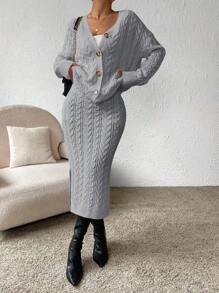 Chiquease Xoắn Dan Nút phía trước Thả vai Áo len Mở & Viền chia cắt Váy dệt kim - Xám - Xem 7