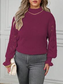 Celure Kích thước lớn Vòng cổ Pointelle Áo len - Màu Đỏ Sâu - Xem 4