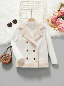 SHEIN 女小童雙排釦毛絨內襯外套馬甲無毛衣 - 杏色 - 查看 1
