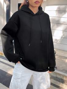 SHEIN Unity Capucha con estampado de letra de hombros caídos con cordón - Negro - Ver 4