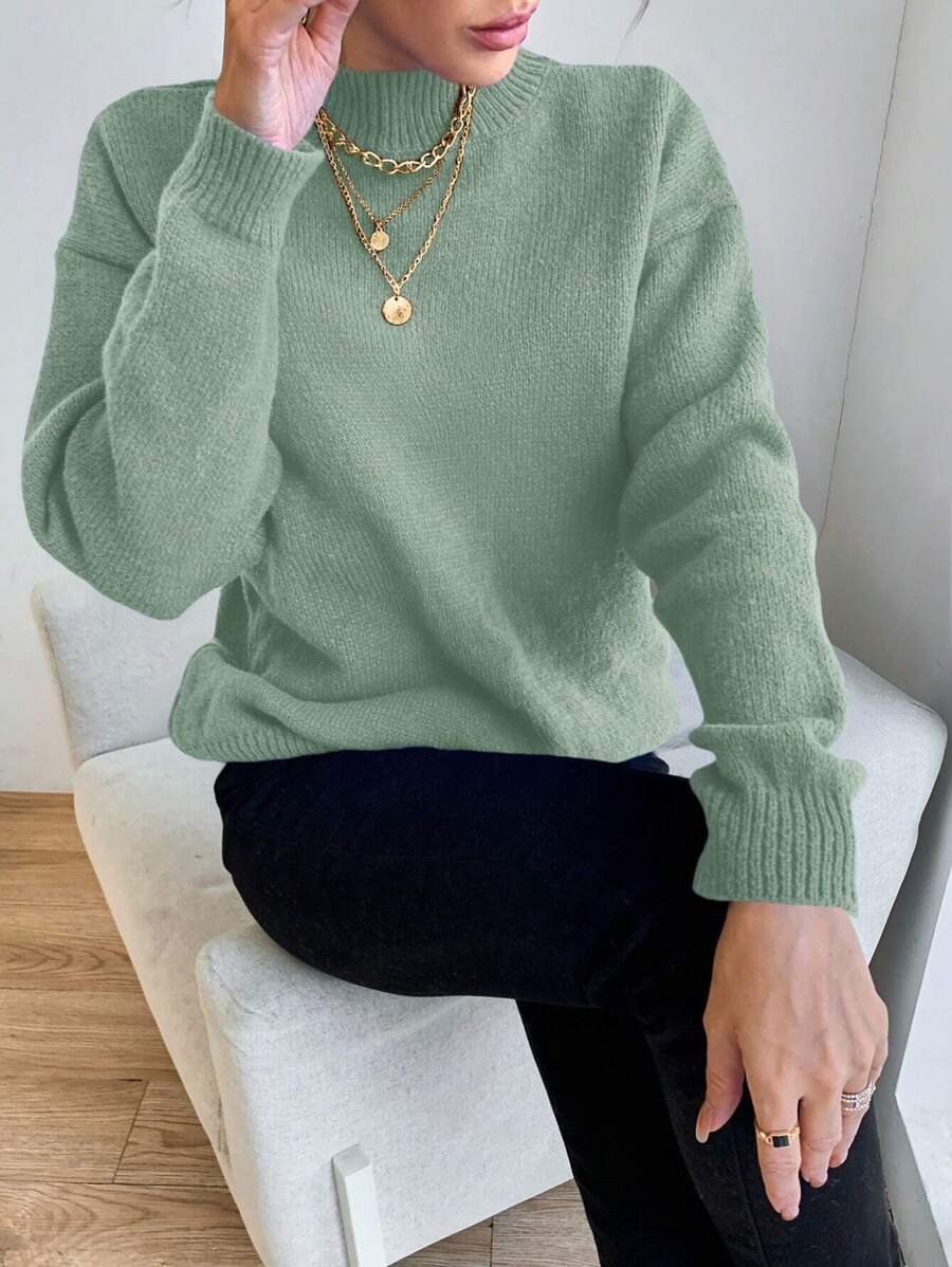 EURMUSE Round Neck Solid Color Drop Shoulder Casual Sweater - Mist Green - View 1