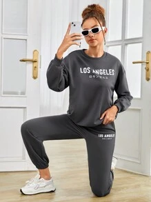 SHEIN Teen Girl Letter Graphic Drop Shoulder Pullover & Sweatpants - Dark Grey - View 1