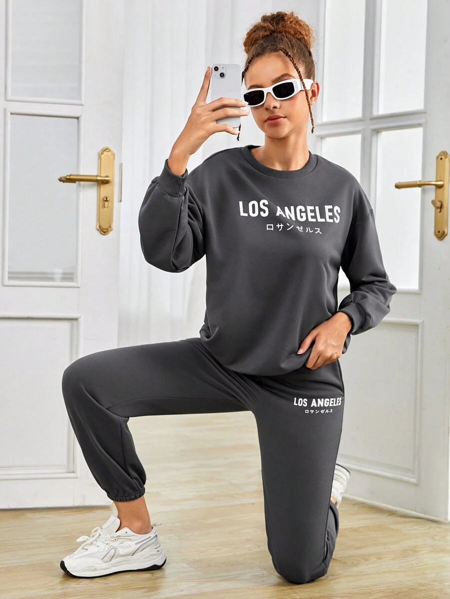 SHEIN Teen Girl Letter Graphic Drop Shoulder Pullover & Sweatpants - Dark Grey - View 1