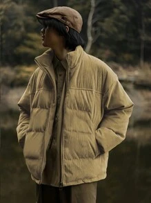 Claim Dot Loose Men's Drop Shoulder Zipper Padded Coat - Khaki - View 3