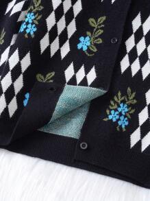 SHEIN Tween Girl Argyle & Floral Pattern Lantern Sleeve Cardigan - Black - View 4