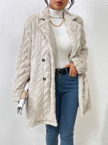 SHEIN LUNE Double Breasted Lapel Neck Teddy Coat - Beige - View 6