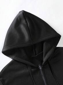 Manfinity Roghcode 男士字母图案拉链抽绳连帽衫，长袖拉链外出哥特式连帽衫，男友礼物 - 黑色 - 查看 4