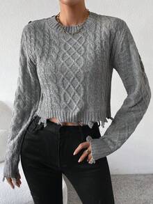 SHEIN Unity Xoắn Dan Chi tiết Nút Áo len Distressed - Xám - Xem 5