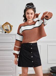 Garota Adolescente Bloco De Cores Ombro Caído Suéter