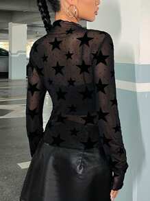 SHEIN EZwear 星星網眼透視上衣 - 黑色 - 查看 2