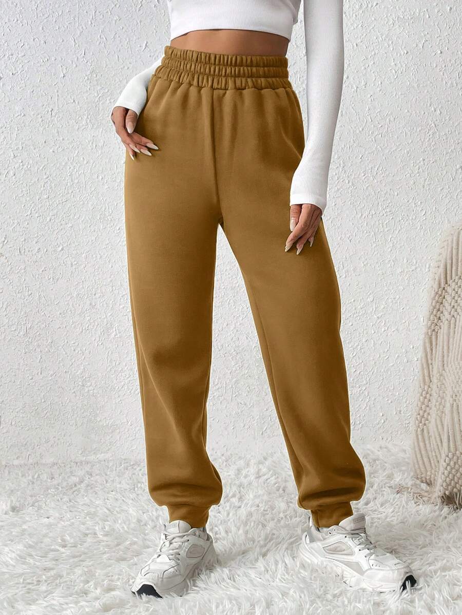 SHEIN PETITE 素色彈性腰帶衛褲 - 棕色 - 查看 1