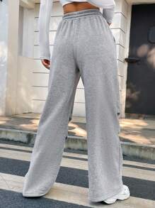 SHEIN Unity Quần nỉ thêu chữ có dây rút eo cho nữ - Màu Xám nhạt - Xem 2