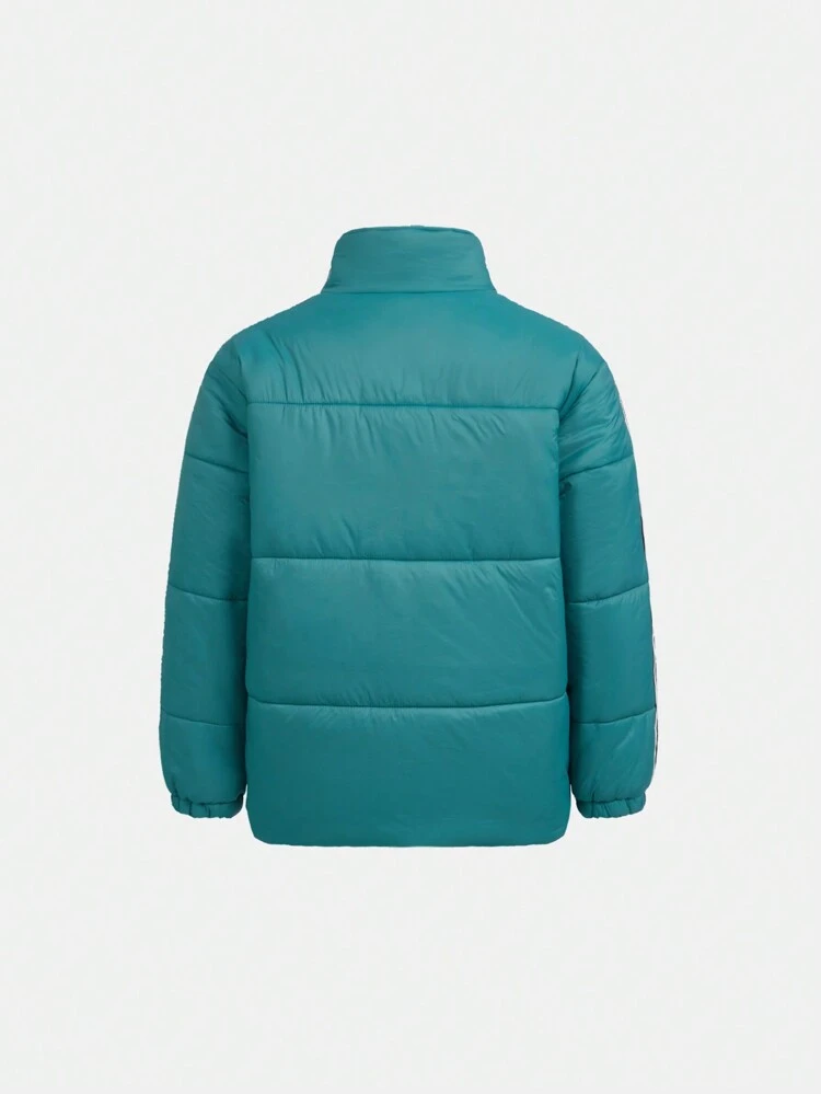 Tween Boy Casual Thick Padded Coat With Letter Printed Stand Collar And Matching Printed Backpack, Winter