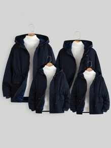 男士腰部抽繩加絨內裏連帽夾克無毛衣 - 藏蓝色 - 查看 3