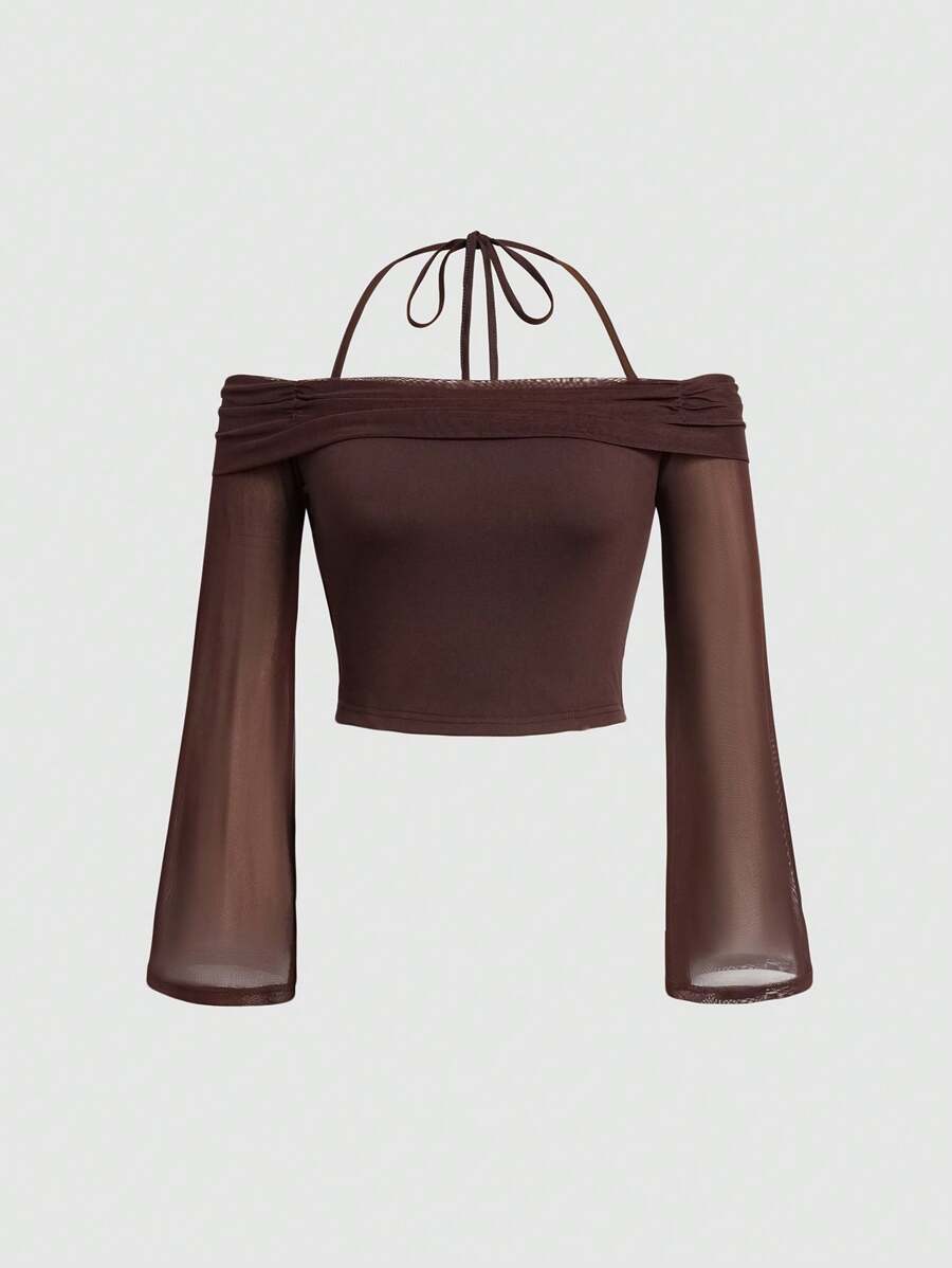 SHEIN Unity Chất rắn Off Shoulder Halter Neck Áo thun - màu nâu - Xem 1