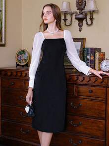 SHEIN Unity Khối màu Cổ vuông Tay áo lồng đèn Đầm - màu đen - Xem 2